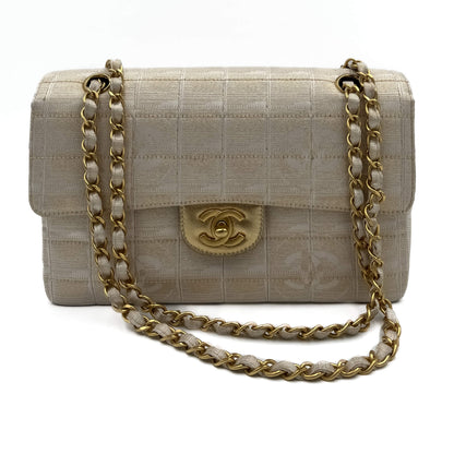 Second hand Chanel Classic Single Flap Small Chocolate bar Nylon Fabric 2 - Ways Flap Bag Champagne Gold - tone - Tabita Bags