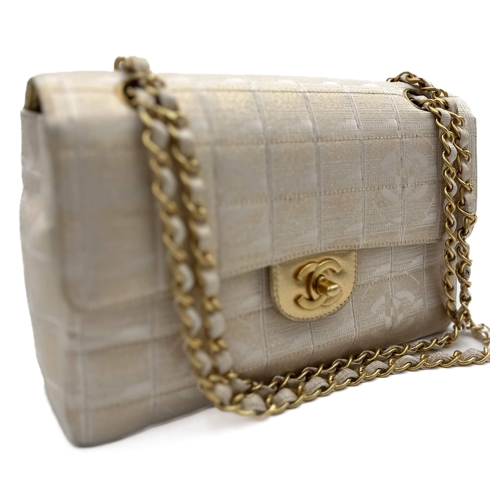 Second hand Chanel Classic Single Flap Small Chocolate bar Nylon Fabric 2 - Ways Flap Bag Champagne Gold - tone - Tabita Bags