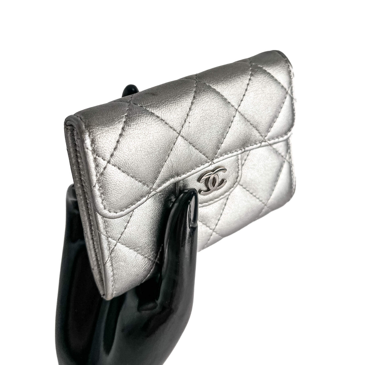 Second hand Chanel Classic Single Flap Small Matelassè Lambskin Leather Folding Wallet Metallic - Tabita Bags