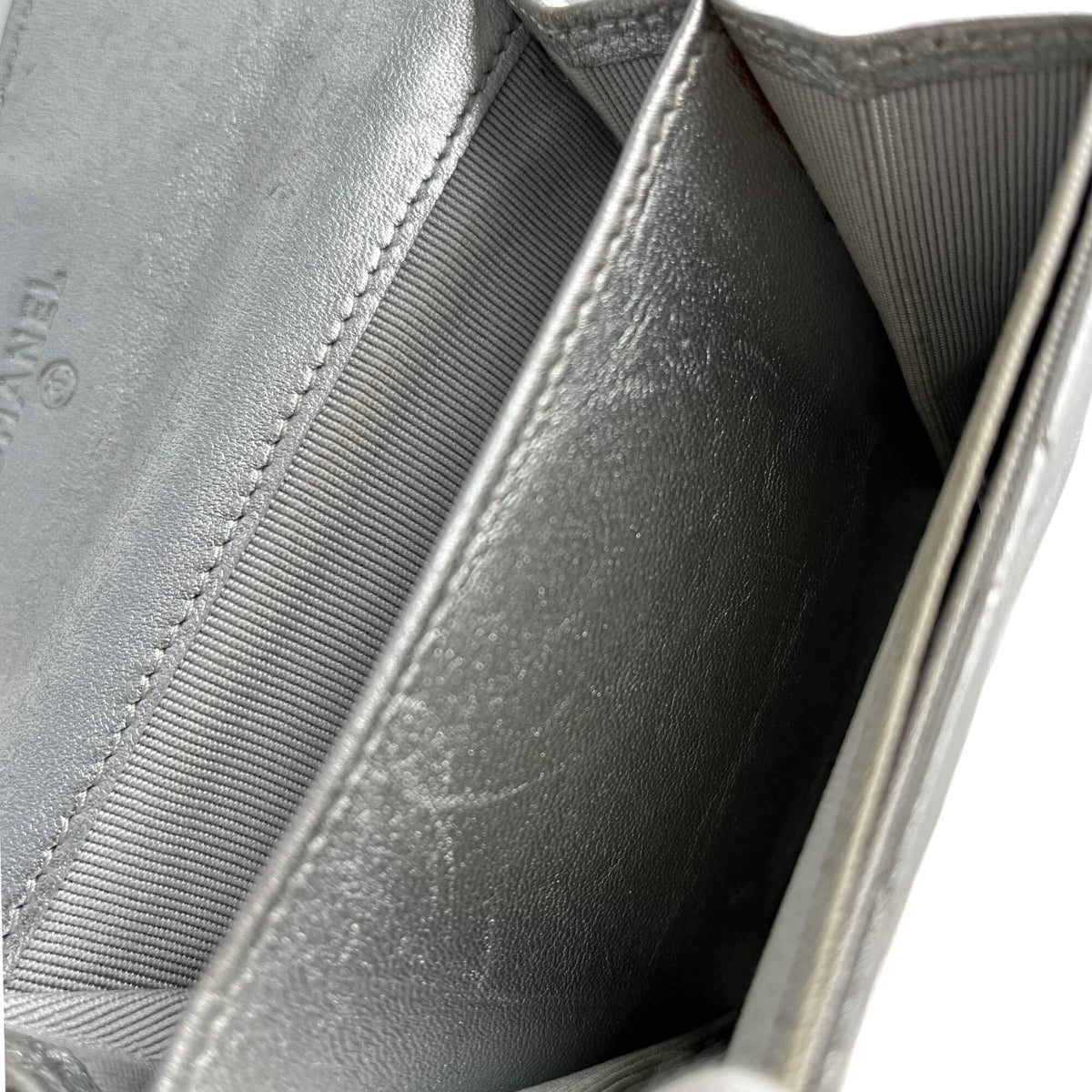 Second hand Chanel Classic Single Flap Small Matelassè Lambskin Leather Folding Wallet Metallic - Tabita Bags