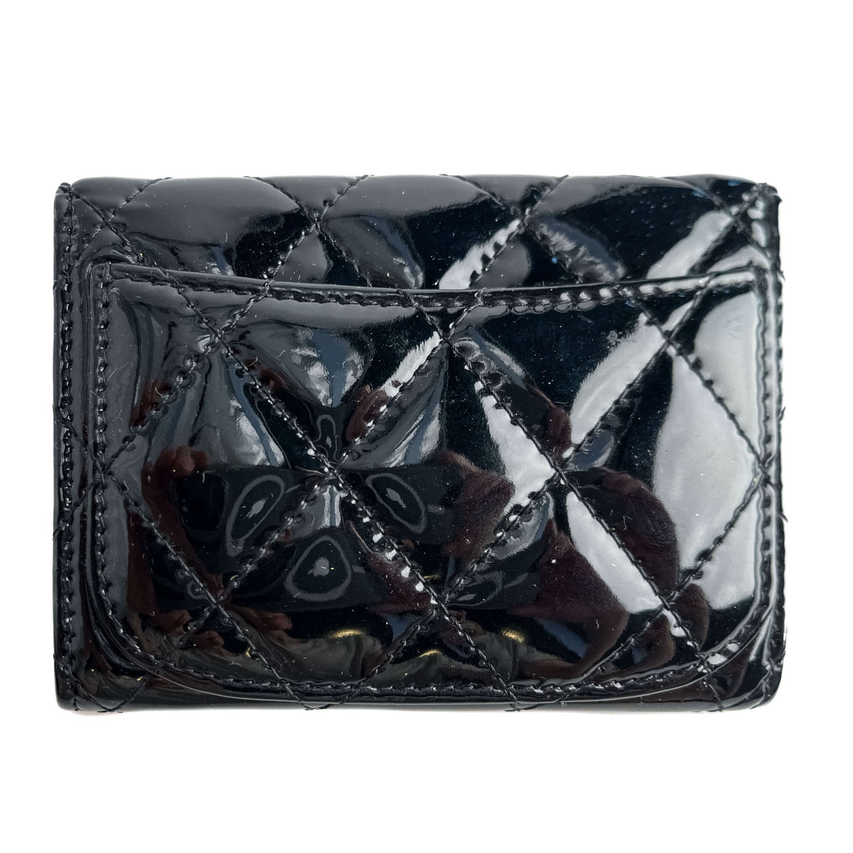 Second hand Chanel Classic Single Flap Small Matelassè Patent Leather Folding Wallet Black - Tabita Bags