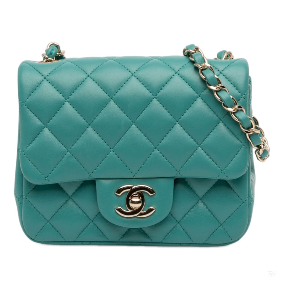 Second hand Chanel Classic Single Flap Square Lambskin Leather Matelassè Shoulder Bag Green - Tabita Bags