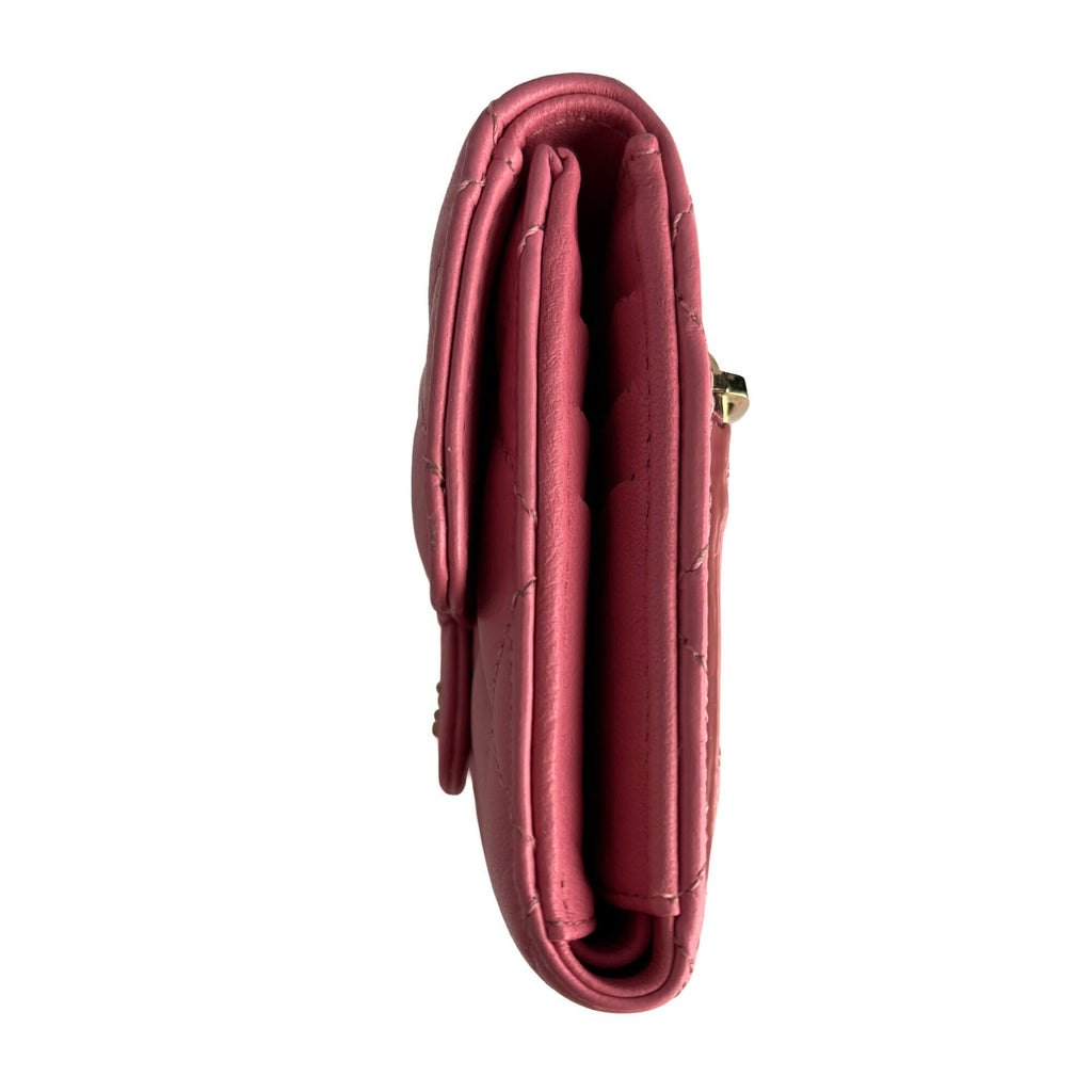 Second hand Chanel Classic Single Flap Trifolding Lambskin Leather Matelassè Compact Wallet Pink - Tabita Bags