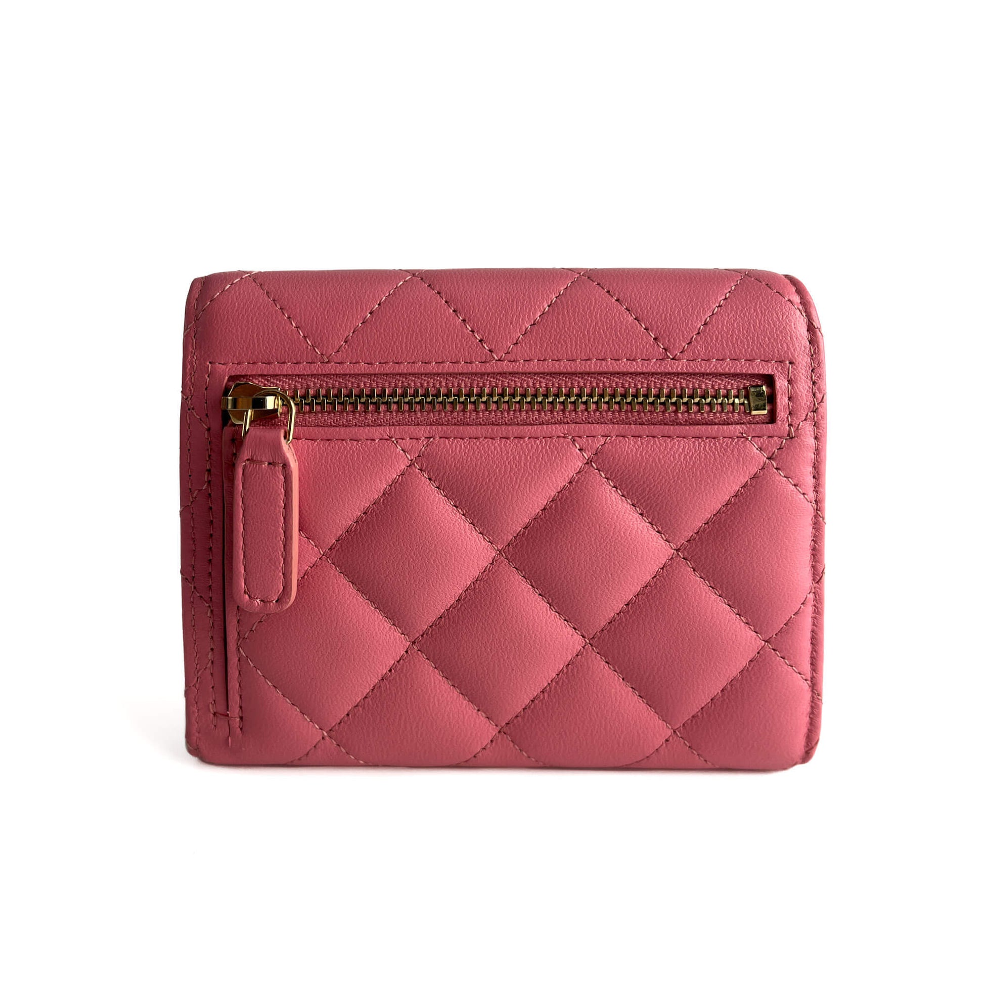 Second hand Chanel Classic Single Flap Trifolding Lambskin Leather Matelassè Compact Wallet Pink - Tabita Bags