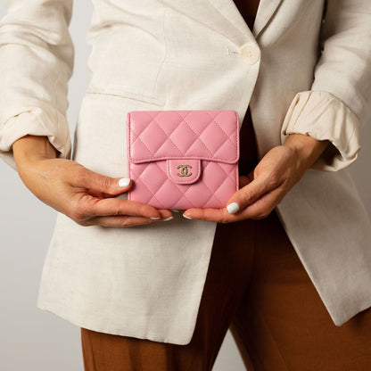 Second hand Chanel Classic Single Flap Trifolding Lambskin Leather Matelassè Compact Wallet Pink - Tabita Bags