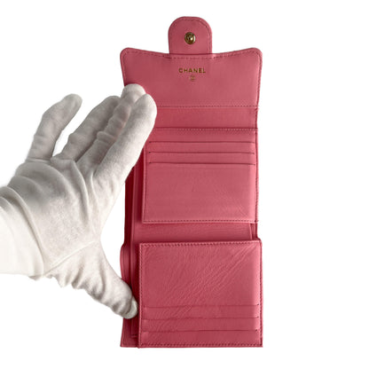 Second hand Chanel Classic Single Flap Trifolding Lambskin Leather Matelassè Compact Wallet Pink - Tabita Bags
