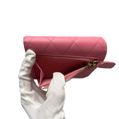 Second hand Chanel Classic Single Flap Trifolding Lambskin Leather Matelassè Compact Wallet Pink - Tabita Bags