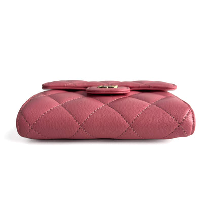 Second hand Chanel Classic Single Flap Trifolding Lambskin Leather Matelassè Compact Wallet Pink - Tabita Bags