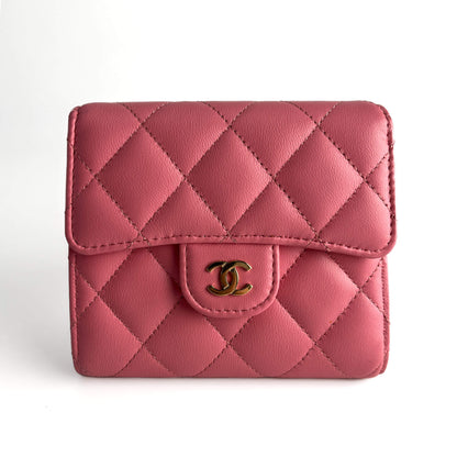 Second hand Chanel Classic Single Flap Trifolding Lambskin Leather Matelassè Compact Wallet Pink - Tabita Bags