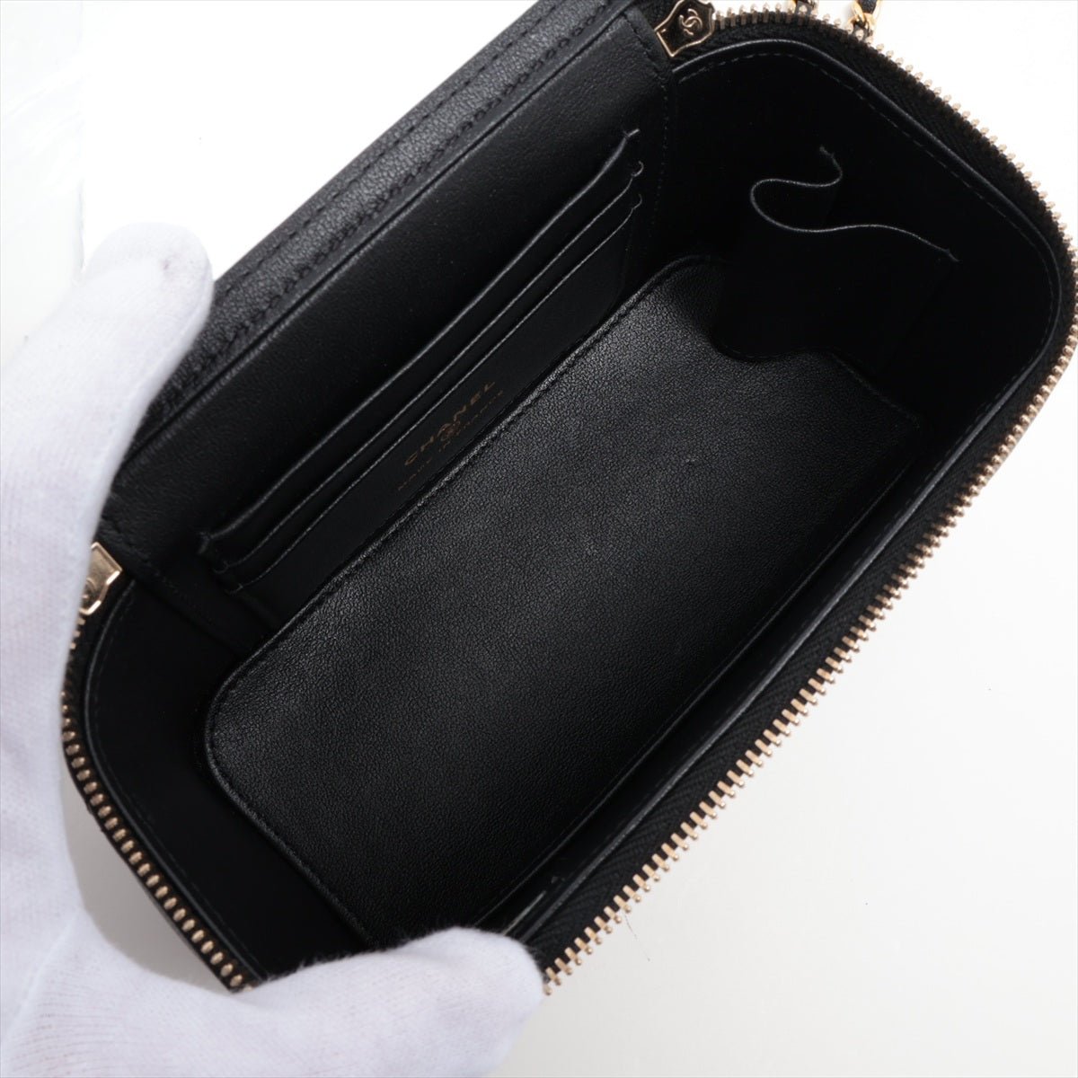Second hand Chanel Coco Casino Small Lambskin Leather Quilted with Chain Vanity Case Handbag Black - Tabita Bags