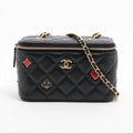 Second hand Chanel Coco Casino Small Lambskin Leather Quilted with Chain Vanity Case Handbag Black - Tabita Bags