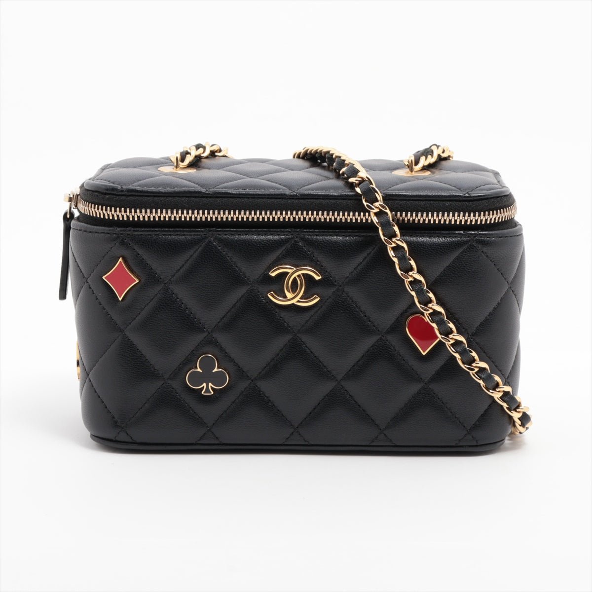 Second hand Chanel Coco Casino Small Lambskin Leather Quilted with Chain Vanity Case Handbag Black - Tabita Bags