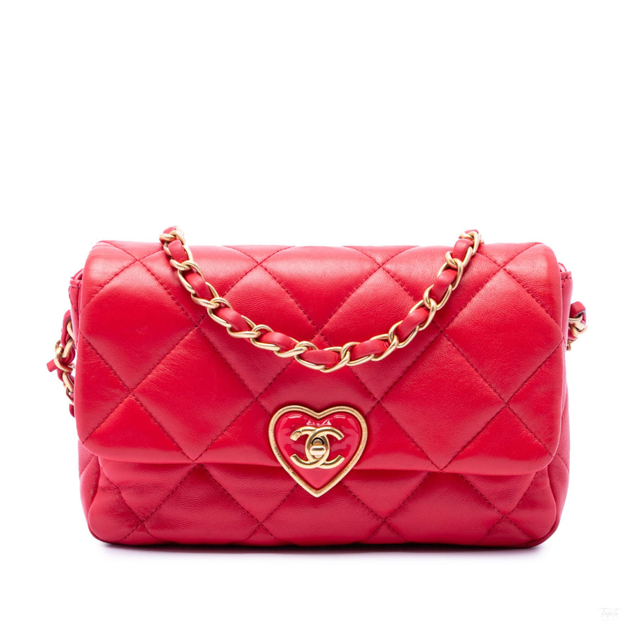 Second hand Chanel Coco Love Small Lambskin Leather Quilted Flap Shoulder Bag Red - Tabita Bags