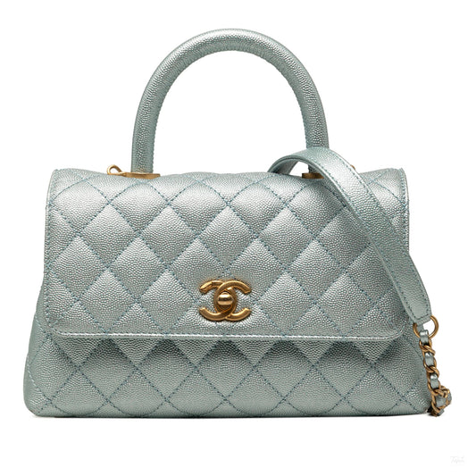 Second hand Chanel Coco Small Caviar Leather Top-handle Shoulder Bag Blue - Tabita Bags