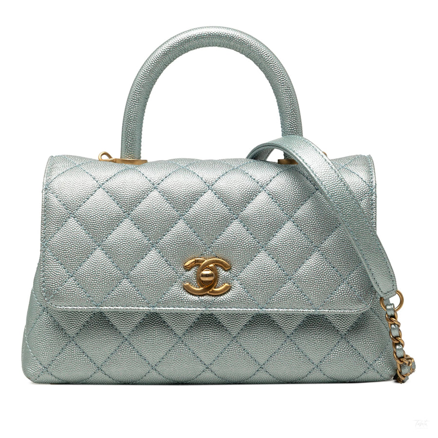 Second hand Chanel Coco Small Caviar Leather Top-handle Shoulder Bag Blue - Tabita Bags