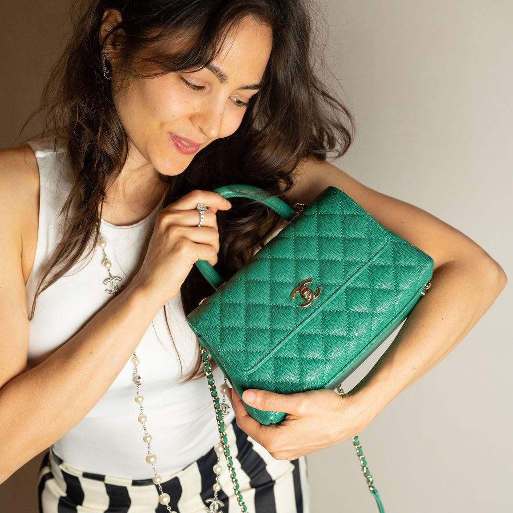 Second hand Chanel Coco Small Caviar Leather Top-handle Shoulder Bag Green - Tabita Bags