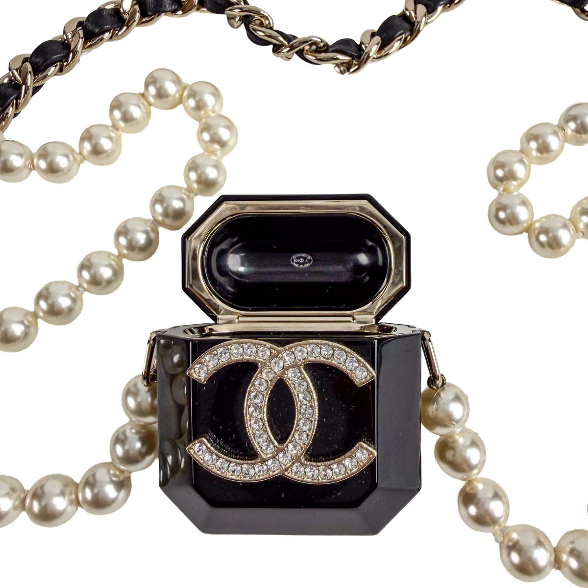 Second hand Chanel Cristal Pearl Airpods Acetate Jewelry Case Black - Tabita Bags