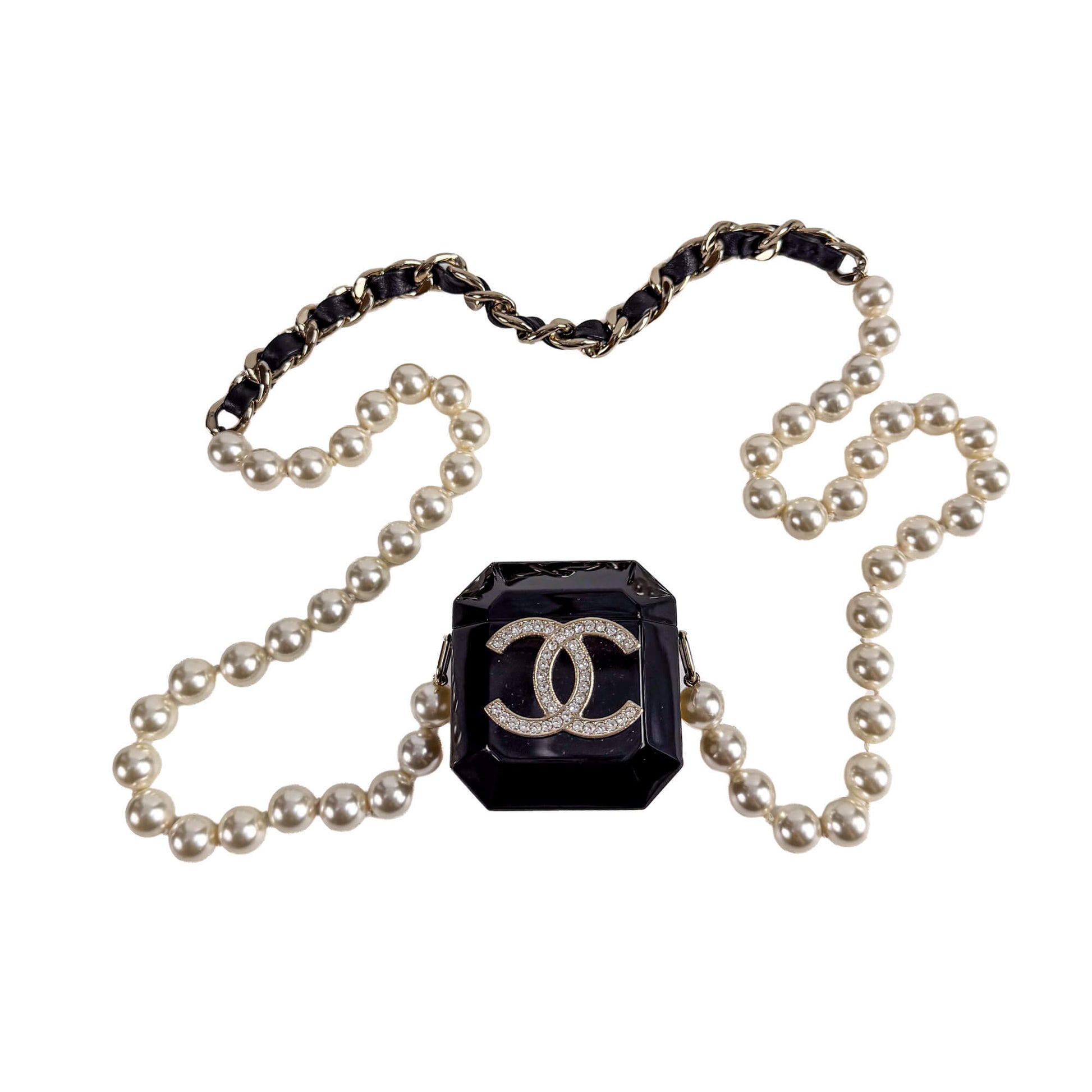 Second hand Chanel Cristal Pearl Airpods Acetate Jewelry Case Black - Tabita Bags