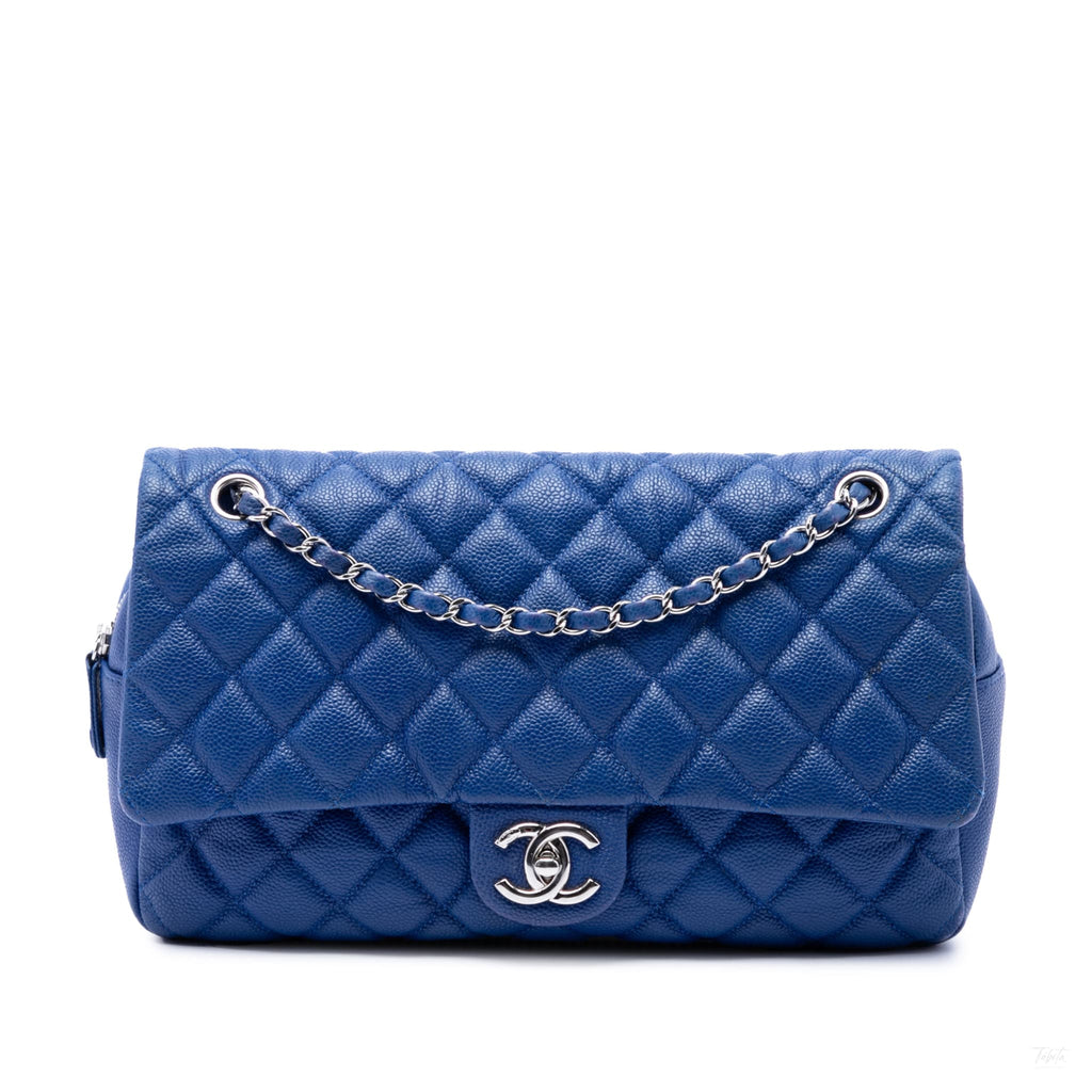 Second hand Chanel Easy Flap Jumbo Caviar Leather Quilted Shoulder Bag Blue - Tabita Bags