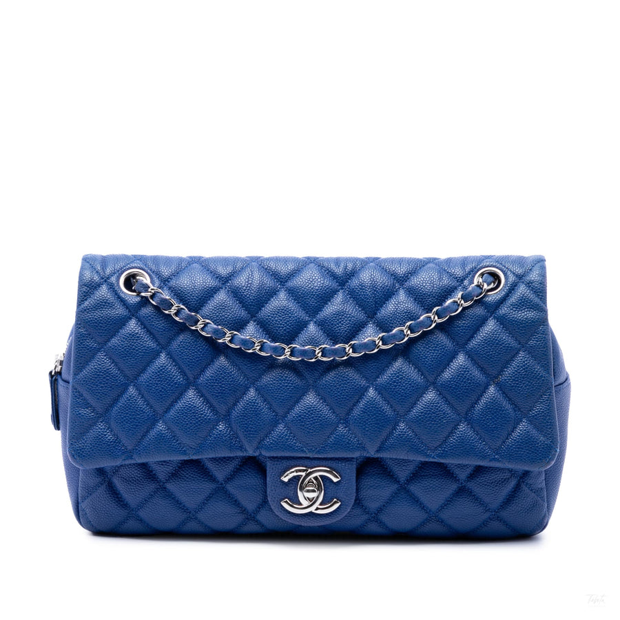 Second hand Chanel Easy Flap Jumbo Caviar Leather Quilted Shoulder Bag Blue - Tabita Bags