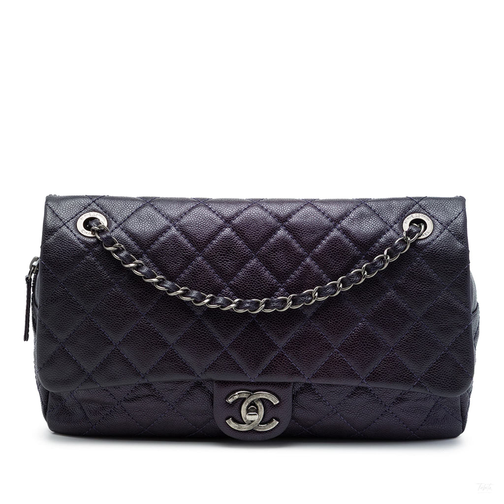 Second hand Chanel Easy Flap Jumbo Iridescent Caviar Leather Quilted Shoulder Bag Purple - Tabita Bags