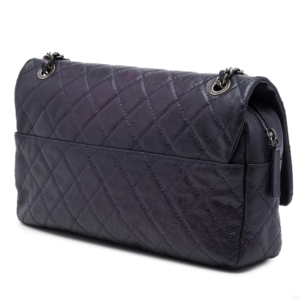 Second hand Chanel Easy Flap Jumbo Iridescent Caviar Leather Quilted Shoulder Bag Purple - Tabita Bags