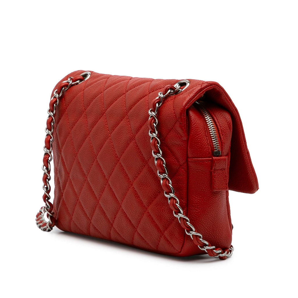 Second hand Chanel Easy Flap Medium Caviar Leather Quilted Shoulder Bag Orange - Tabita Bags