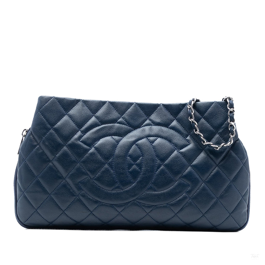 Second hand Chanel Expandable Tote Caviar Leather Matelassè Shoulder Bag Blue - Tabita Bags