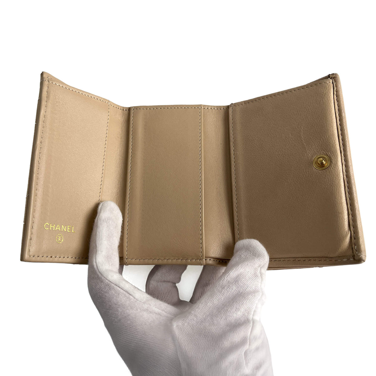 Second hand Chanel Flap Small Lambskin Leather Folding Wallet Beige - Tabita Bags