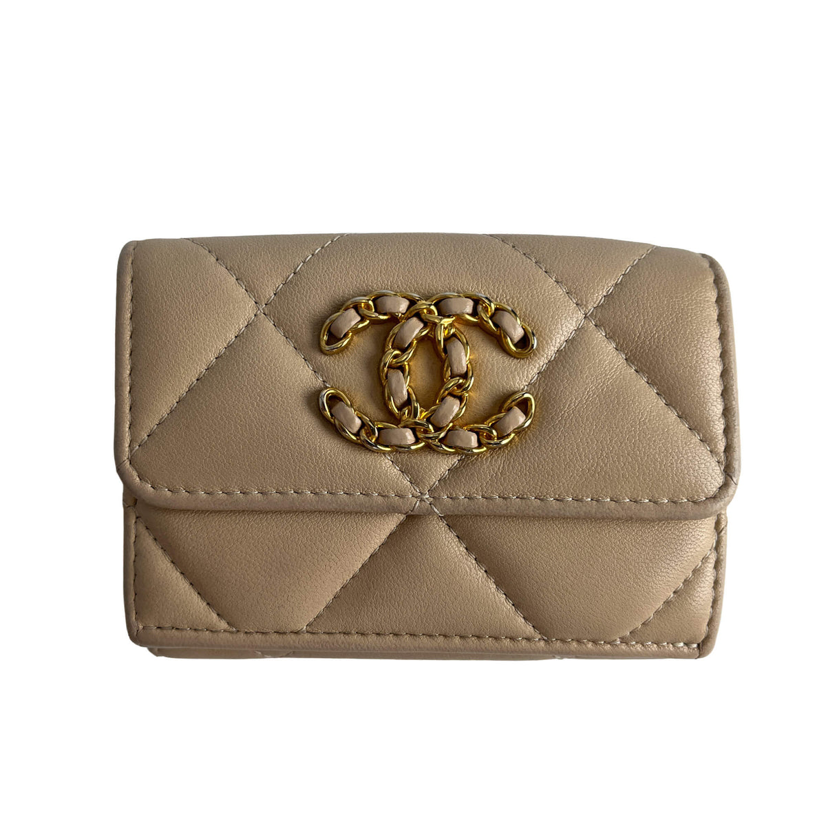 Second hand Chanel Flap Small Lambskin Leather Folding Wallet Beige - Tabita Bags