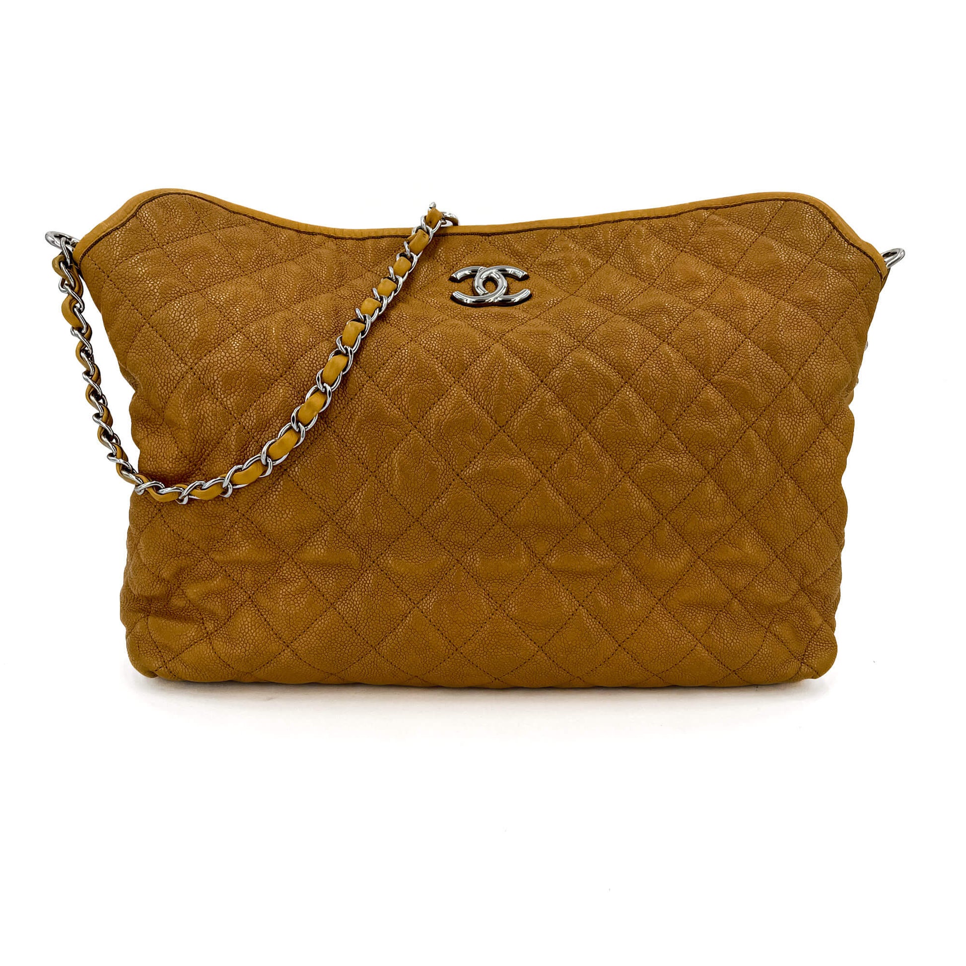 Second hand Chanel French Riviera Quilted Caviar Leather 2-Ways Hobo Bag Yellow - Tabita Bags