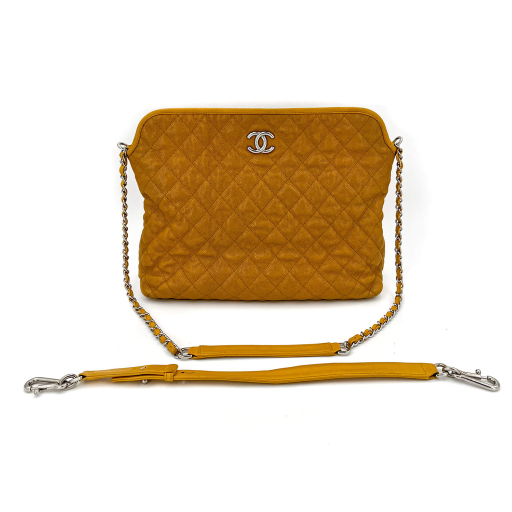 Second hand Chanel French Riviera Quilted Caviar Leather 2-Ways Hobo Bag Yellow - Tabita Bags