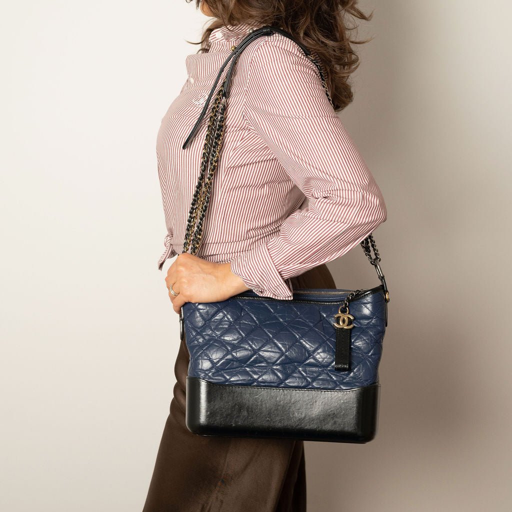 Second hand Chanel Gabrielle Chevron Lambskin Leather Shoulder Bag Navy & Black - Tabita Bags