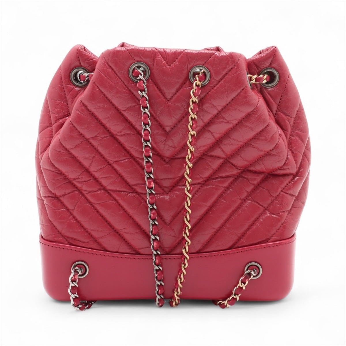 Second hand Chanel Gabrielle Matelassè Distressed Calfskin Leather 2 - Ways Bucket Backpack Cherry Red - Tabita Bags