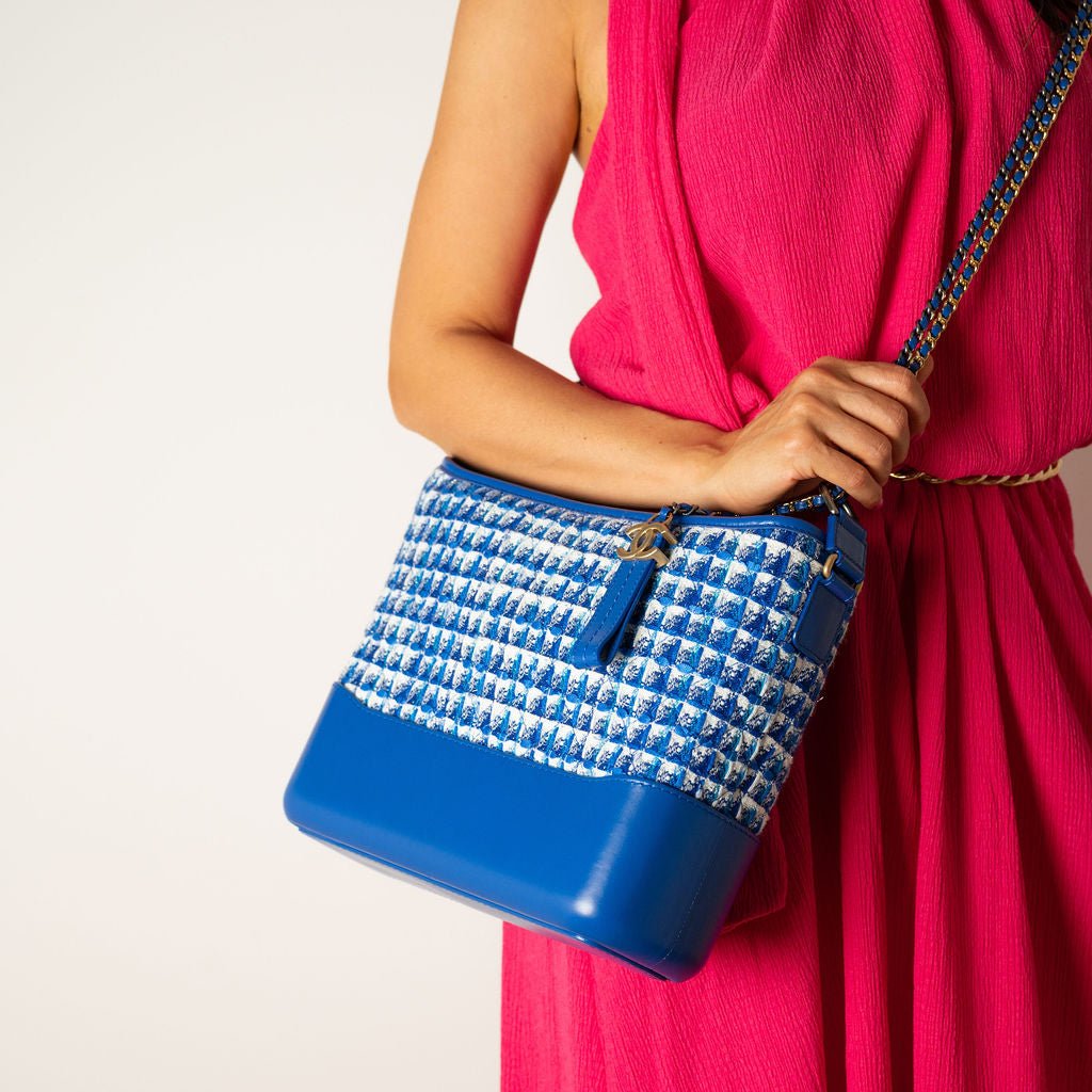 Second hand Chanel Gabrielle Medium Lambskin Leather Matelassè Shoulder Bag Tweed Blue - Tabita Bags