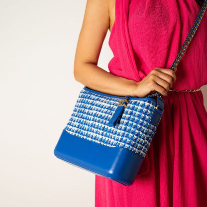 Second hand Chanel Gabrielle Medium Lambskin Leather Matelassè Shoulder Bag Tweed Blue - Tabita Bags