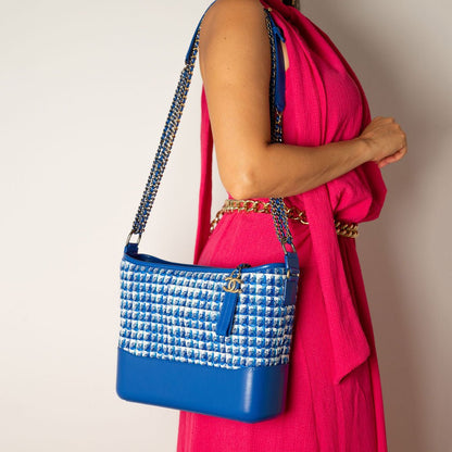 Second hand Chanel Gabrielle Medium Lambskin Leather Matelassè Shoulder Bag Tweed Blue - Tabita Bags