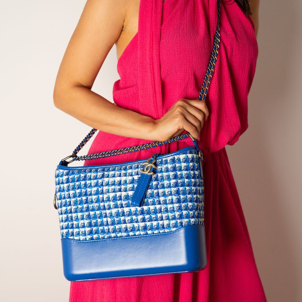 Second hand Chanel Gabrielle Medium Lambskin Leather Matelassè Shoulder Bag Tweed Blue - Tabita Bags