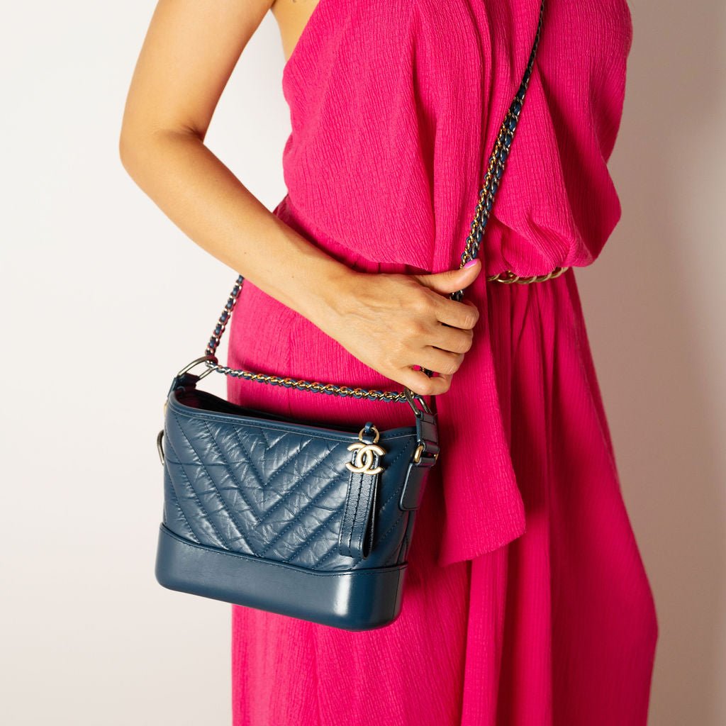 Second hand Chanel Gabrielle Small Lambskin Leather Chevron Shoulder Bag Blue - Tabita Bags