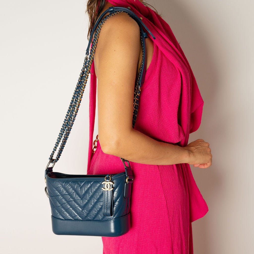 Second hand Chanel Gabrielle Small Lambskin Leather Chevron Shoulder Bag Blue - Tabita Bags