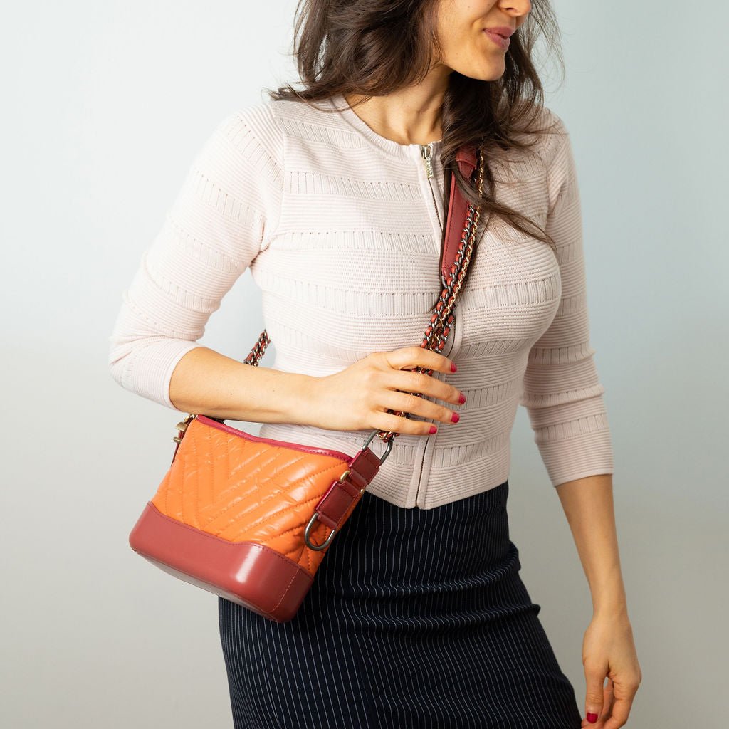 Second hand Chanel Gabrielle Small Lambskin Leather Chevron Shoulder Bag Orange - Tabita Bags