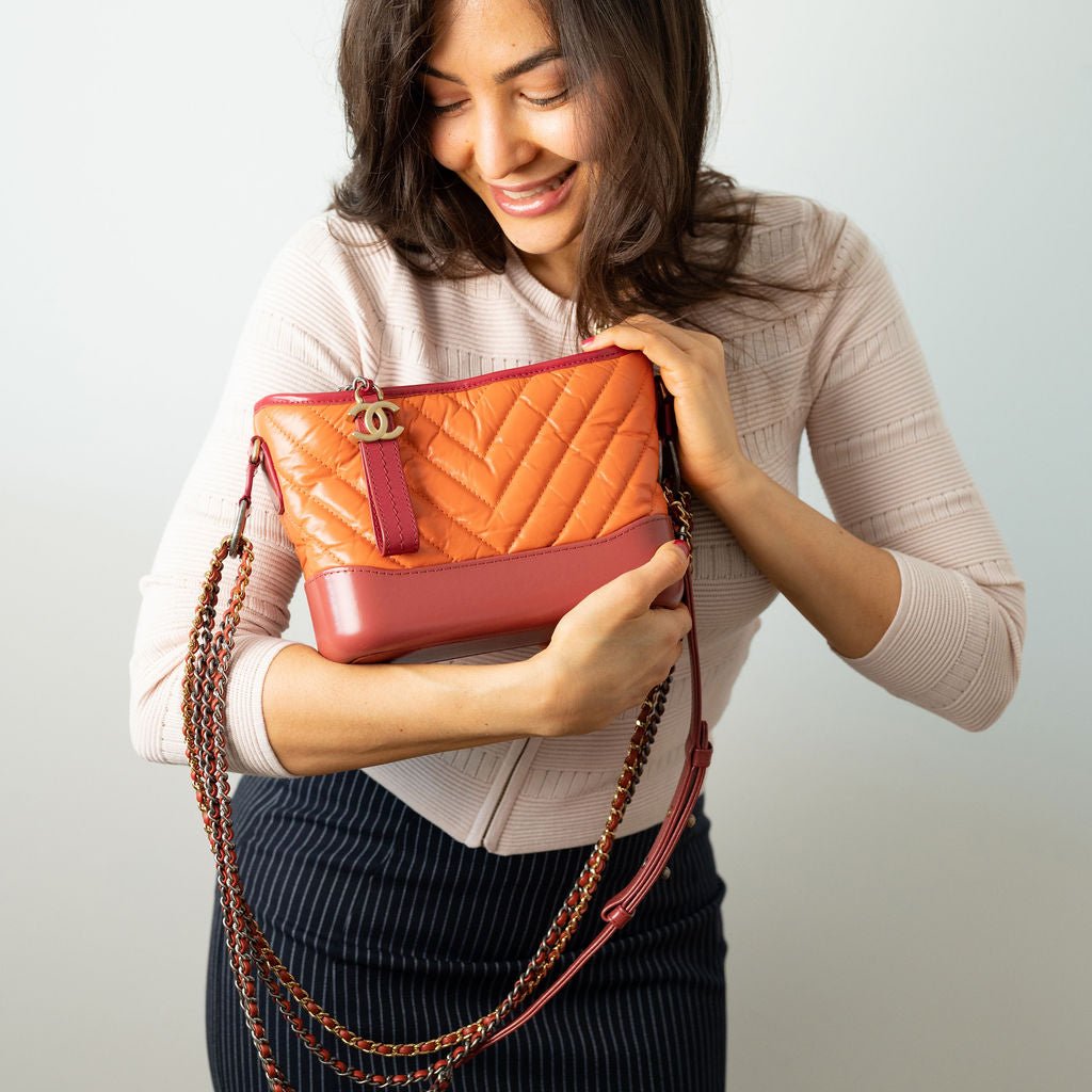 Second hand Chanel Gabrielle Small Lambskin Leather Chevron Shoulder Bag Orange - Tabita Bags