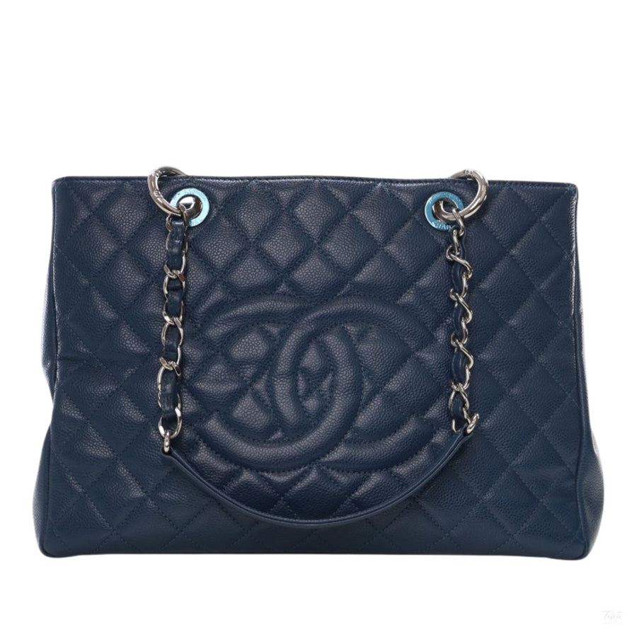 Second hand Chanel GST Quilted Caviar Leather Shopper Bag Blue - Tabita Bags