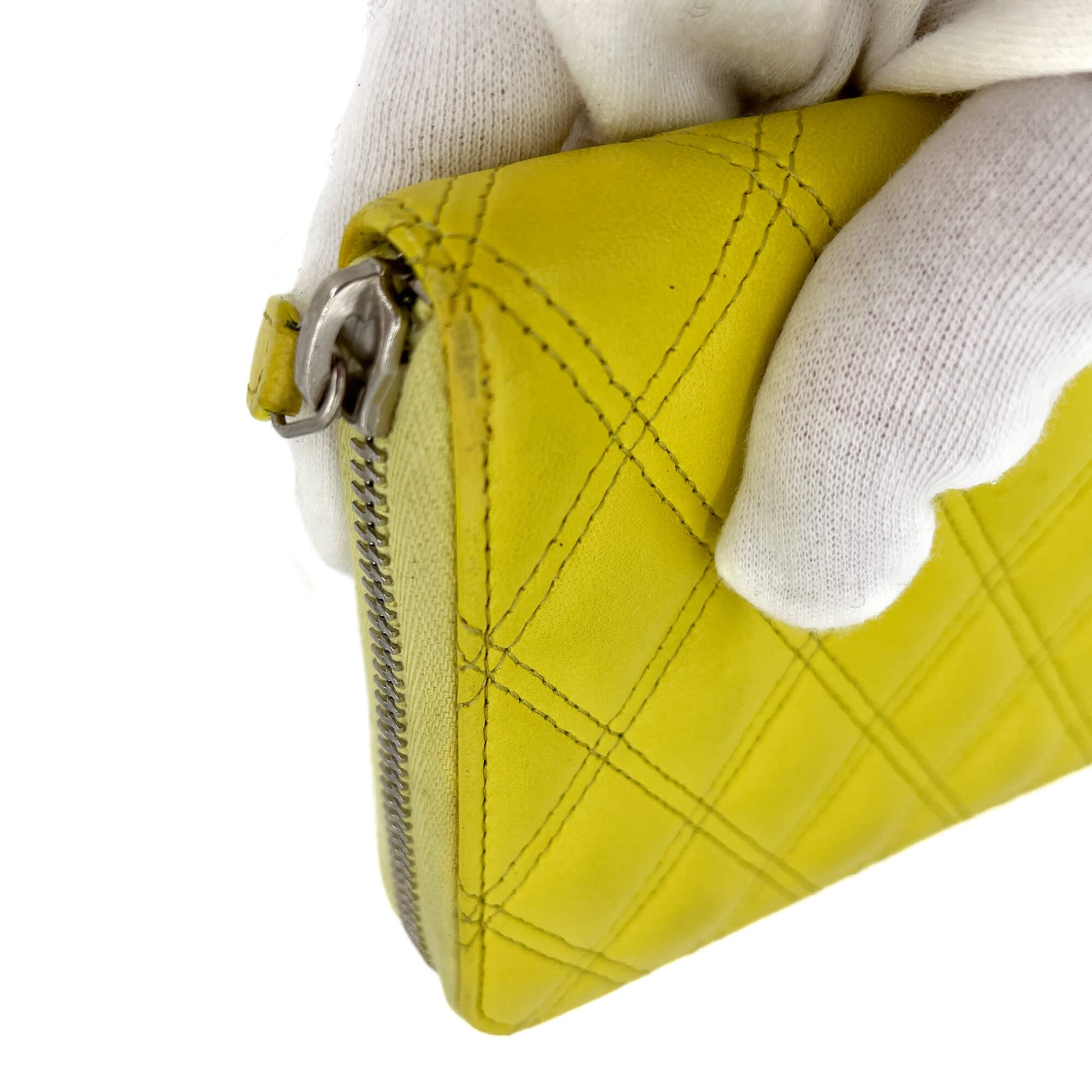 Second hand Chanel Long Zip Around Wallet Quilted Lambskin Leather Yellow - Tabita Bags