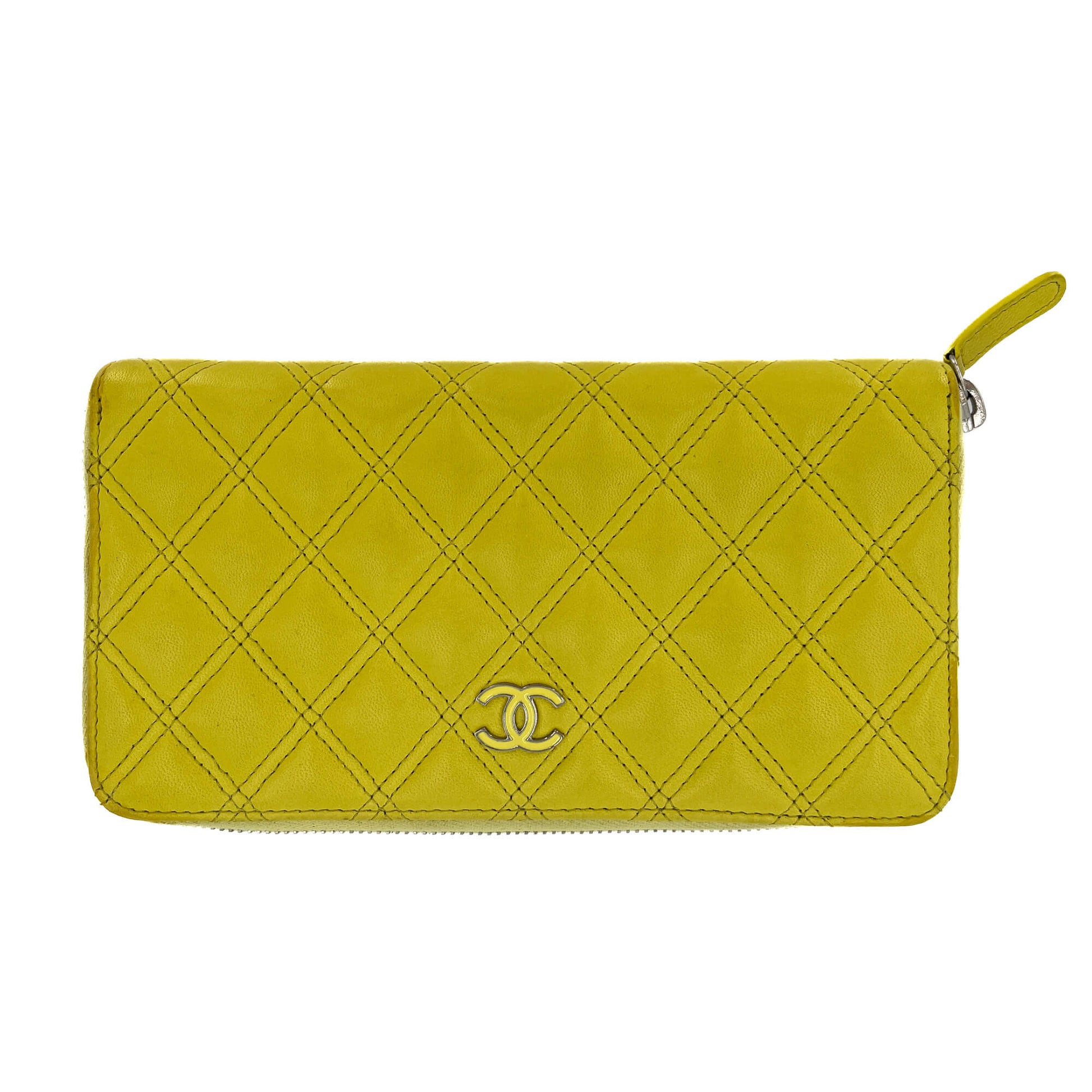 Second hand Chanel Long Zip Around Wallet Quilted Lambskin Leather Yellow - Tabita Bags