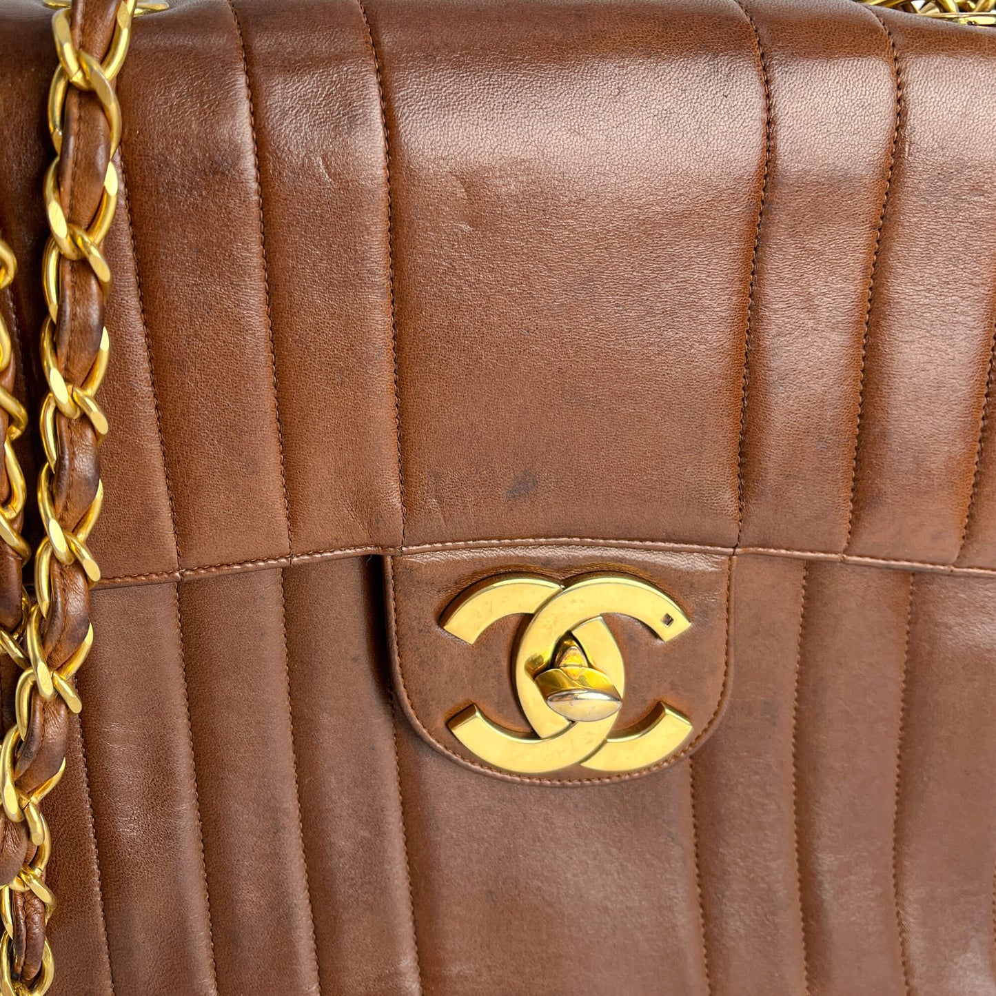 Second hand Chanel Mademoiselle Classic Flap Jumbo Lambskin Leather Shoulder Bag Brown - Tabita Bags