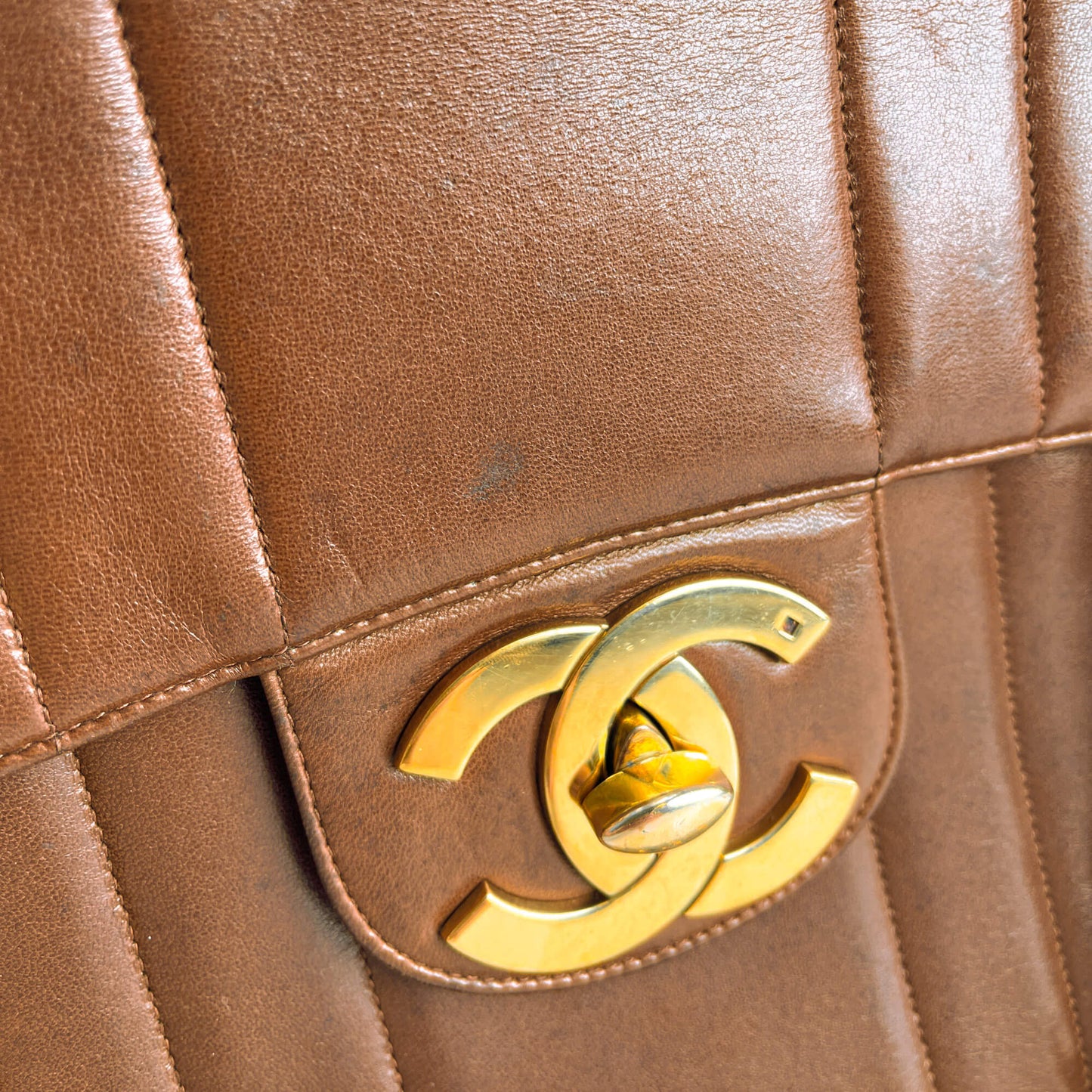 Second hand Chanel Mademoiselle Classic Flap Jumbo Lambskin Leather Shoulder Bag Brown - Tabita Bags