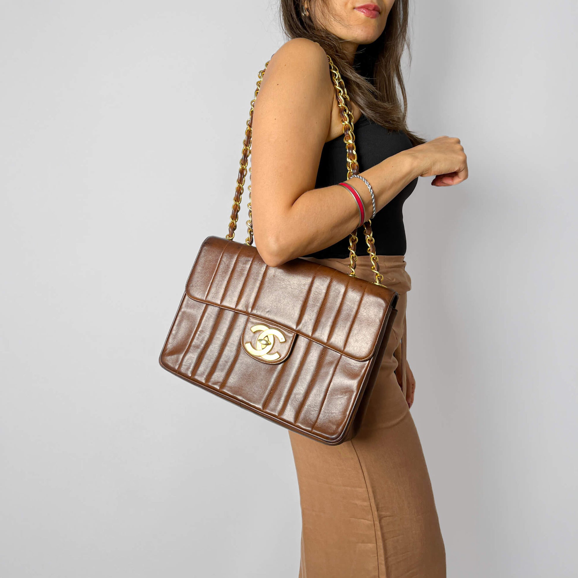 Second hand Chanel Mademoiselle Classic Flap Jumbo Lambskin Leather Shoulder Bag Brown - Tabita Bags