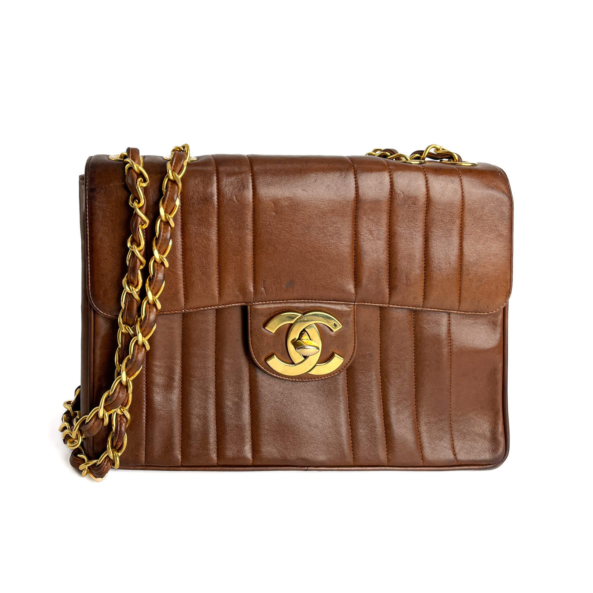 Second hand Chanel Mademoiselle Classic Flap Jumbo Lambskin Leather Shoulder Bag Brown - Tabita Bags