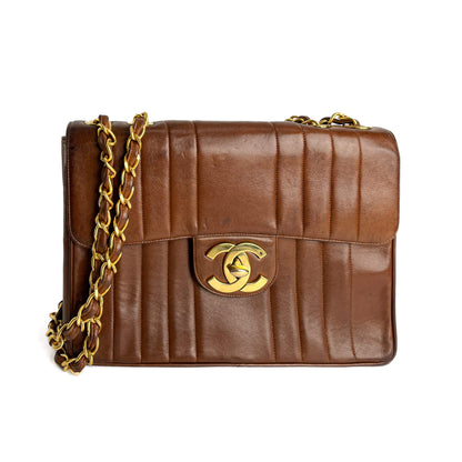 Second hand Chanel Mademoiselle Classic Flap Jumbo Lambskin Leather Shoulder Bag Brown - Tabita Bags